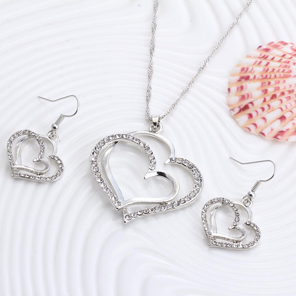 Conjunto de colar e brincos de cristal romântico em forma de coração