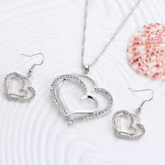 Conjunto de colar e brincos de cristal romântico em forma de coração