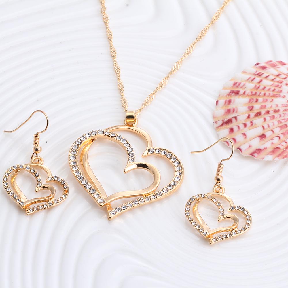 Conjunto de colar e brincos de cristal romântico em forma de coração