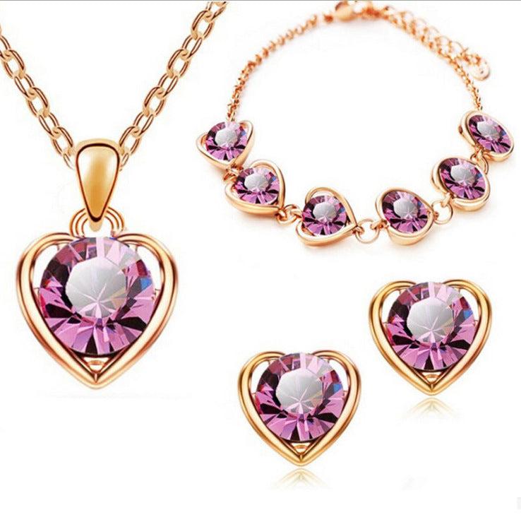 Conjunto Elegante de Joias em Cristal: Colar, Brincos, Anel e Pulseira em Forma de Coração