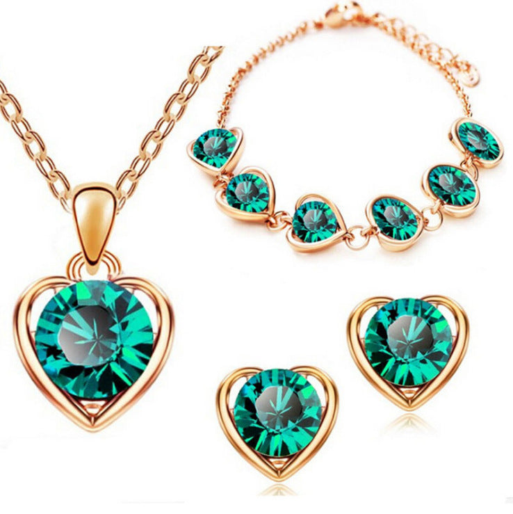 Conjunto Elegante de Joias em Cristal: Colar, Brincos, Anel e Pulseira em Forma de Coração
