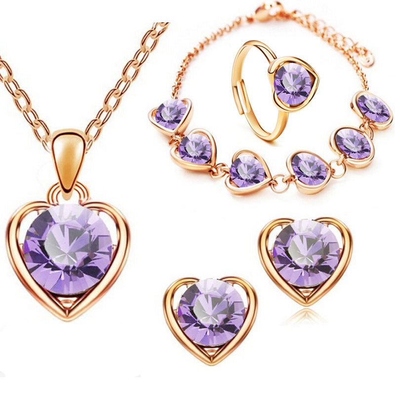 Conjunto Elegante de Joias em Cristal: Colar, Brincos, Anel e Pulseira em Forma de Coração