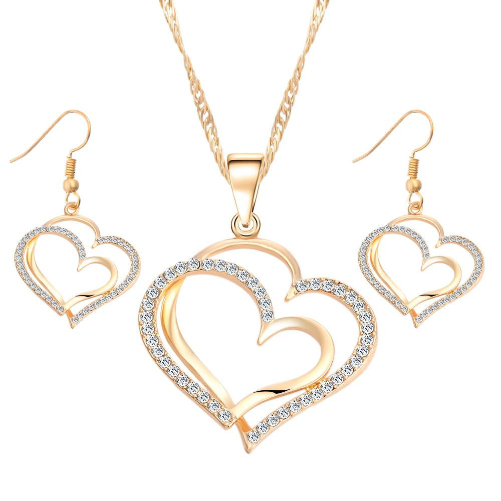 Conjunto de colar e brincos de cristal romântico em forma de coração